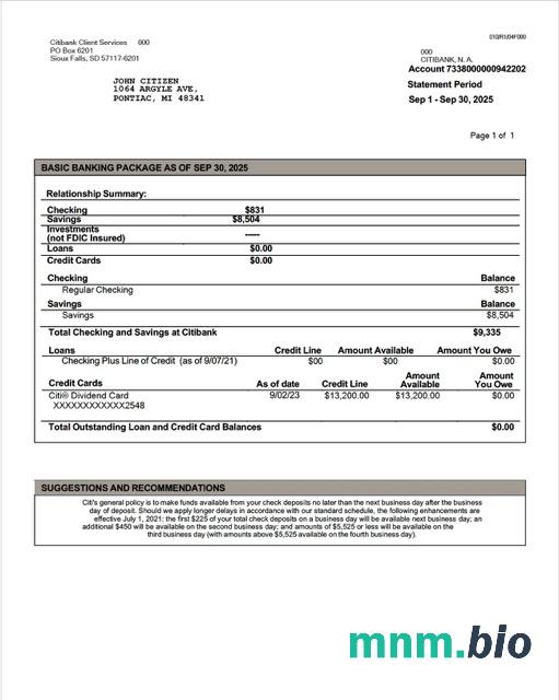 USA Citi wyciąg z karty bankowej Word i szablon PDF, 2 strony